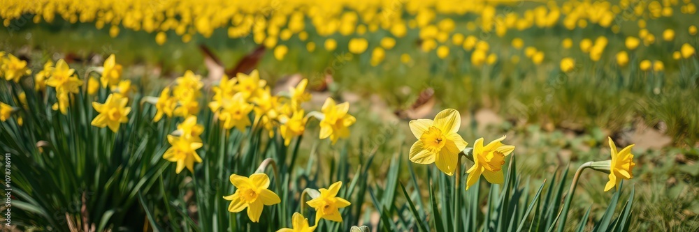 Vibrant daffodil flowers blooming in a vast field under the bright sun, field, landscape, fresh Vibrant daffodil flowers blooming in a vast field under the bright sun, field, landscape, fresh