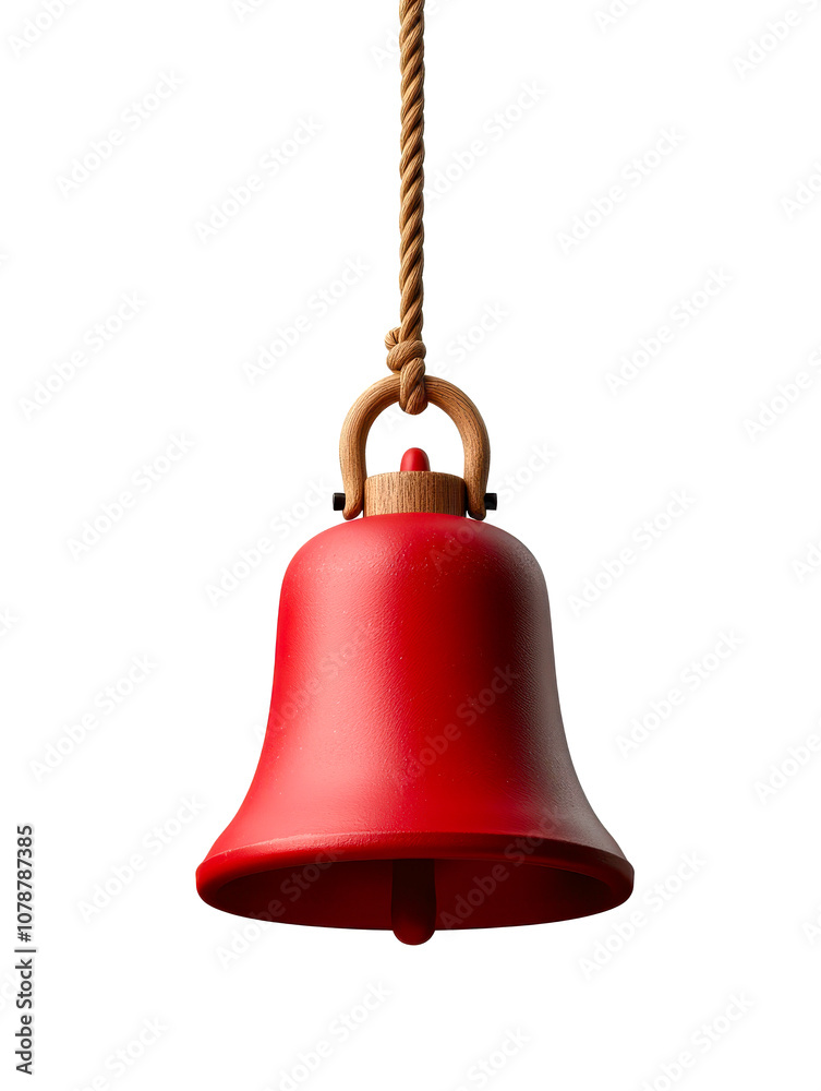 A bright red bell hangs from a rope, featuring a classic design and a smooth finish, suitable for decorative or functional purposes. A bright red bell hangs from a rope, featuring a classic design and a smooth finish, suitable for decorative or functional purposes.
