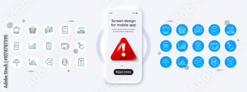 Report document, 3d app and Coal trolley line icons. Phone mockup with 3d danger icon. Pack of Reminder, Waterproof umbrella, Qr code icon. Cursor, Message, Diagram graph pictogram. Vector