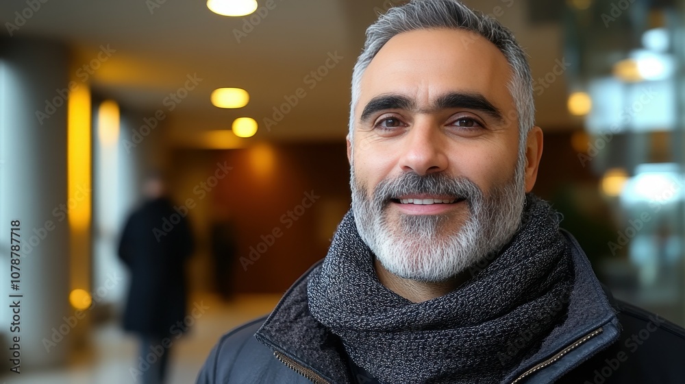 A man with a beard and gray hair is smiling in a hallway. He is wearing a black jacket and a scarf A man with a beard and gray hair is smiling in a hallway. He is wearing a black jacket and a scarf