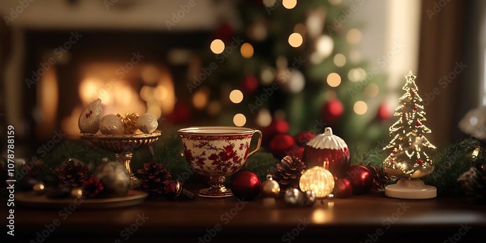 Festive Christmas Table Setting with Bokeh Lighting and Decorated Tree in Background : Generative AI Festive Christmas Table Setting with Bokeh Lighting and Decorated Tree in Background : Generative AI