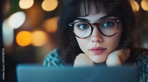 Focused Young Woman with Glasses Looking at Laptop