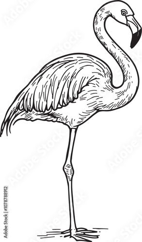 Pink Flamingo Tropical Bird, Black and White Linear Drawing Sketch Art Vector Illustration