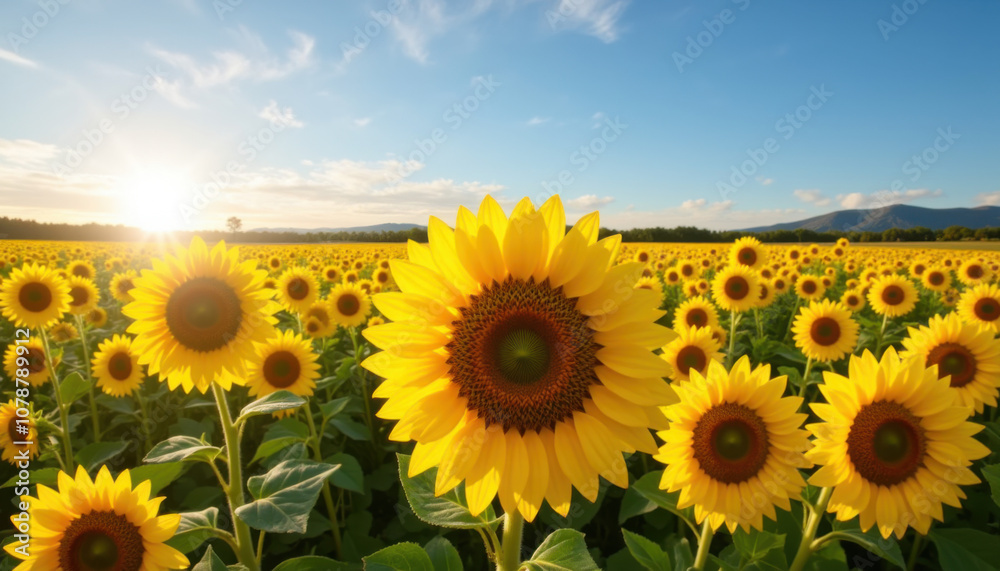 Fototapeta premium Sunflower field at sunrise in summer