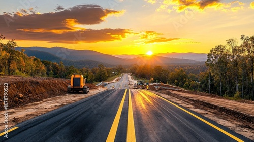 Majestic Sunset Over Newly Paved Road Construction Project