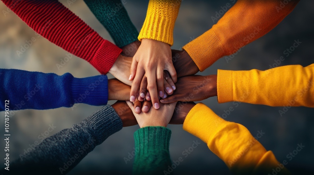 Diverse hands joining together in a circle, symbolizing unity, collaboration, and teamwork in a vibrant atmosphere. Diverse hands joining together in a circle, symbolizing unity, collaboration, and teamwork in a vibrant atmosphere.