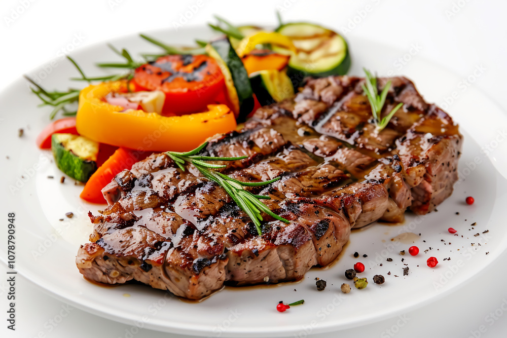 Juicy grilled steak paired with vibrant roasted vegetables on a clean white background. Culinary presentation concept Juicy grilled steak paired with vibrant roasted vegetables on a clean white background. Culinary presentation concept