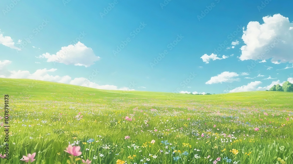 Calm quiet meadow with rolling hills and wildflowers Calm quiet meadow with rolling hills and wildflowers