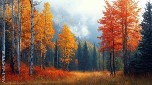 A misty forest with colorful autumn trees.