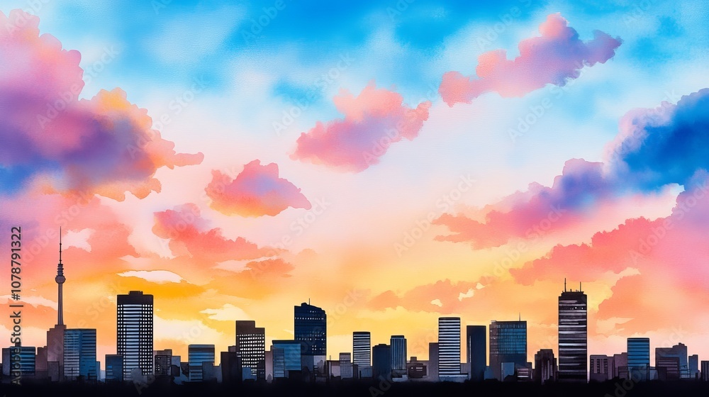 Fototapeta premium Colorful Cityscape Sunset Skyline Urban Panorama Pastel Clouds