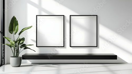 Wallpaper Mural Two Black Framed Canvas Mockups Hanging Above a Black Shelf in a White Room with Sunlight Streaming Through a Window Torontodigital.ca