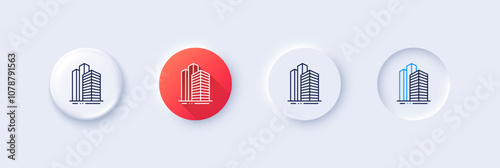 Skyscraper buildings line icon. Neumorphic, Red gradient, 3d pin buttons. City architecture sign. Town symbol. Line icons. Neumorphic buttons with outline signs. Vector