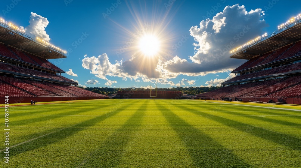 Fototapeta premium Empty Football Stadium Sunny Day Green Field American Football Sports Venue Game Day Bright