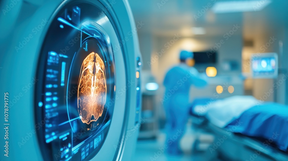 Medical imaging technology showcasing a brain scan in a hospital setting with healthcare professional attending to a patient. Medical imaging technology showcasing a brain scan in a hospital setting with healthcare professional attending to a patient.