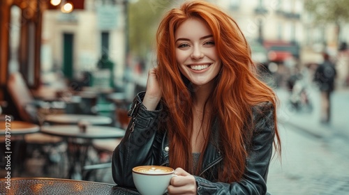 Smiling Woman Enjoying Coffee in a Parisian Cafe