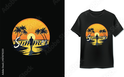 A vintage-style illustration of a surfer standing on a beach at sunset, with a palm tree, waves, and a setting sun in the background. The text 