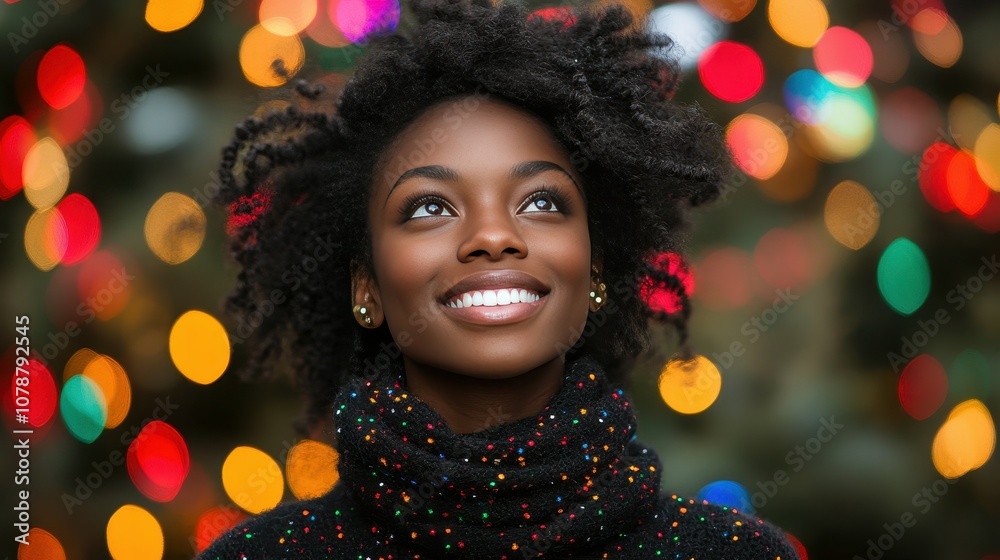 A woman with curly hair is smiling and looking up at the camera. She is wearing a black sweater and she is enjoying the moment A woman with curly hair is smiling and looking up at the camera. She is wearing a black sweater and she is enjoying the moment