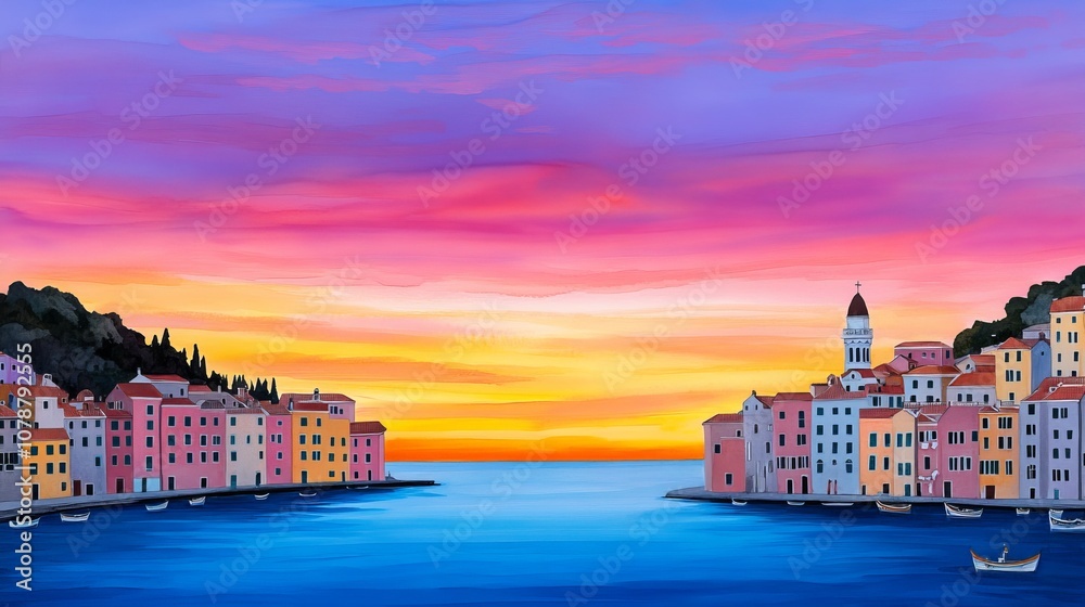 Obraz premium Vibrant Sunset over Colorful Coastal Town Boats Sea Buildings