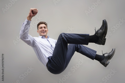 Cheerful businessman is hanging and floating in the air.