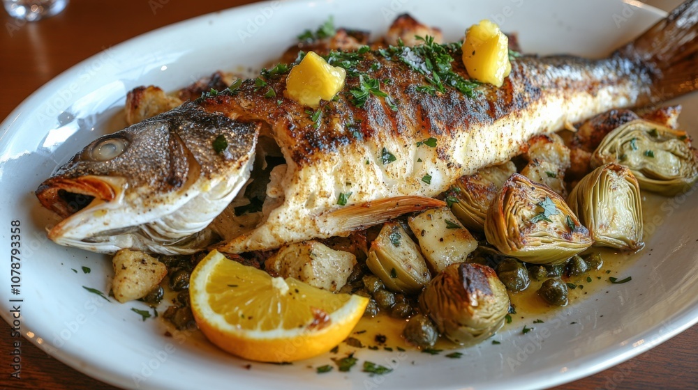 Delicious Grilled Whole Fish with Vegetables and Lemon Garnish Delicious Grilled Whole Fish with Vegetables and Lemon Garnish