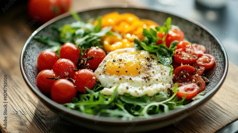 Delicious Breakfast Bowl with Fried Egg, Cherry Tomatoes, Yellow Peppers and Arugula Delicious Breakfast Bowl with Fried Egg, Cherry Tomatoes, Yellow Peppers and Arugula