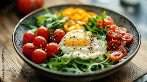 Delicious Breakfast Bowl with Fried Egg, Cherry Tomatoes, Yellow Peppers and Arugula