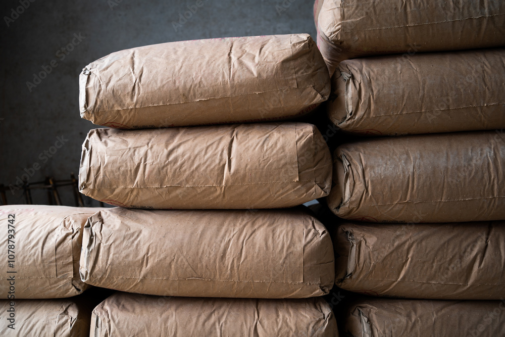 A stack of bags of cement. The bags are brown and stacked on top of each other. The bags are piled high and appear to be heavy A stack of bags of cement. The bags are brown and stacked on top of each other. The bags are piled high and appear to be heavy