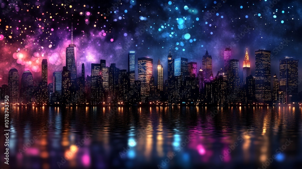 Magical Cityscape at Night Neon Lights Skyline Reflection Bokeh Magical Cityscape at Night Neon Lights Skyline Reflection Bokeh