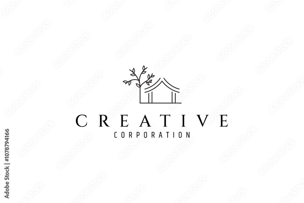 House logo with natural tree in minimalist line art style House logo with natural tree in minimalist line art style