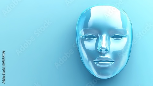 Abstract Marketing Background Featuring a Human Face Mask Mold for Skincare Beauty Salon. This Design Showcases a Transparent Blue Skincare Mask with a Light Blue Background, Highlighting Minimalism, 