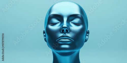 Abstract Marketing Background Featuring a Human Face Mask Mold for Skincare Beauty Salon. This Design Showcases a Transparent Blue Skincare Mask with a Light Blue Background, Highlighting Minimalism, 