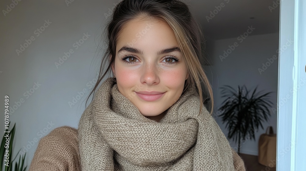A woman is wearing a scarf and smiling. She has a warm and inviting expression on her face A woman is wearing a scarf and smiling. She has a warm and inviting expression on her face