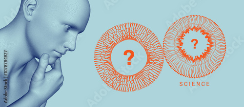 Discovery, studying and learning concept. Brain training. Development of thinking abilities. Time to think. The scientist thinks. 3d vector for business presentations, flyers or posters. 