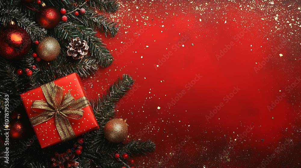 Festive Christmas Scene with Gifts and Red Glitter Background : Generative AI