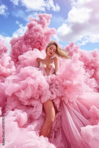 AI generator image of beautiful woman, wearing a light pink long-sleeved transparent tulle dress,looking at the camera and The background is an ethereal pink,creating a cinematic feel. Full-body photo