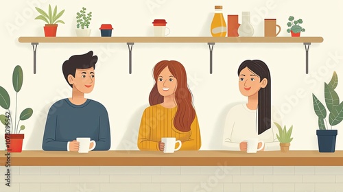 Colleagues chatting casually in a breakroom with coffee mugs in hand