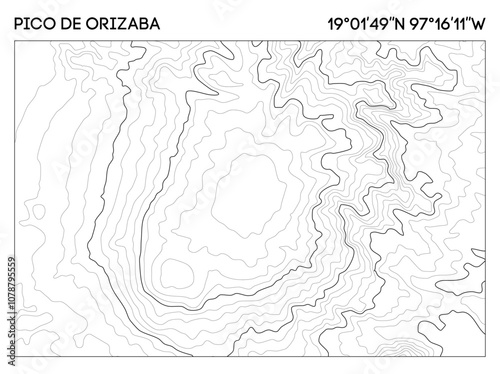 Topographic map of Pico de Orizaba with elevation contours and precise geographic coordinates. Topographic map vector.