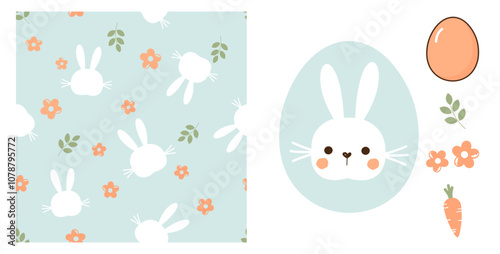 Seamless pattern with bunny cartoons, cute flower and tree branch on green background. Rabbit cartoon on Easter egg sign, orange egg, cute flower, green leaves and carrot icon set vector.