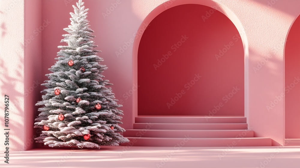 Fototapeta premium Modern Winter Wonderland with Frosted Christmas Tree in Artistic Pink Interior : Generative AI