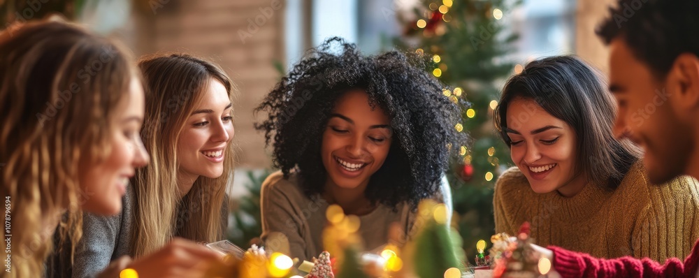 A joyful group of friends enjoying a festive meal together, surrounded by Christmas decorations and a warm, inviting atmosphere. A joyful group of friends enjoying a festive meal together, surrounded by Christmas decorations and a warm, inviting atmosphere.