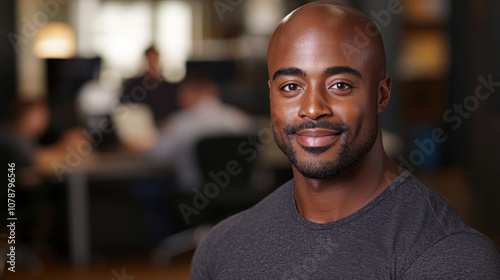 happy, confident African American man in casual gray shirt, smiling warmly in modern office setting. His positive demeanor adds to professional atmosphere