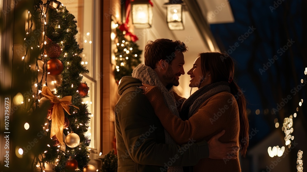 A couple embraces outside their home, adorned with Christmas lights, under the glow of a streetlamp A couple embraces outside their home, adorned with Christmas lights, under the glow of a streetlamp