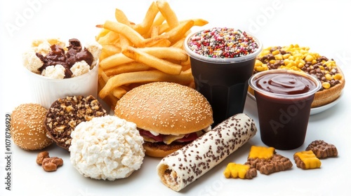 An assortment of fast food items including a burger, fries, sodas, candy, popcorn, and snacks, representing high-calorie and possibly unhealthy dietary choices.