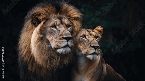 dark forest backdrop lion and lioness sit closely together highlighting their regal presence and beauty their relationship low light setting.