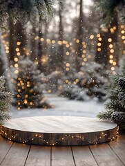 Enchanted Winter Forest Setting with Wooden Stand and Glowing Lights Amidst Snowy Backdrop : Generative AI