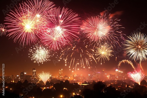 New Year's fireworks display over a city skyline, with open space in the sky for copy, photo