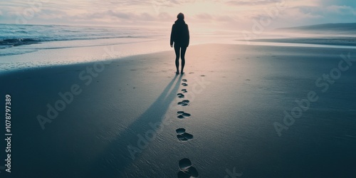 A person standing still on a beach, with footprints leading both backward in the sand