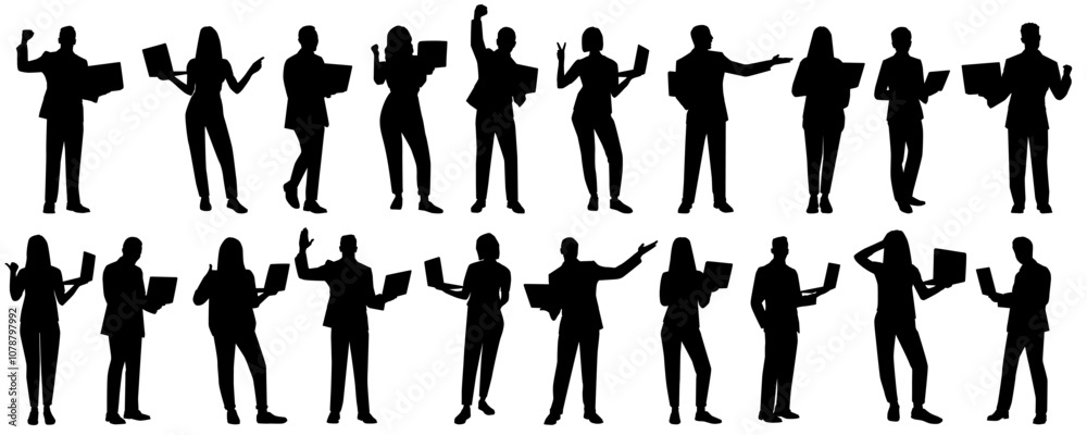 businessman and businesswoman standing and working on laptop silhouette businessman and businesswoman standing and working on laptop silhouette