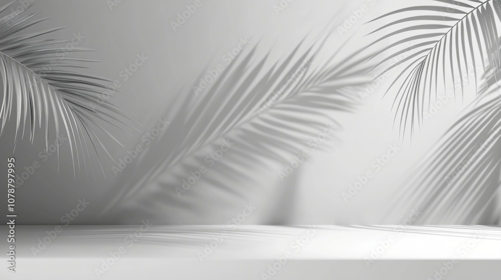 Minimalist white room with elegant palm leaf shadows cast on wall, creating a serene and tropical ambiance. Perfect for product display or zen interior. Minimalist white room with elegant palm leaf shadows cast on wall, creating a serene and tropical ambiance. Perfect for product display or zen interior.
