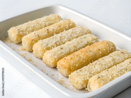  frozen breaded cheese sticks laid out on a white dish isolated on a white background